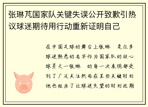 张琳芃国家队关键失误公开致歉引热议球迷期待用行动重新证明自己